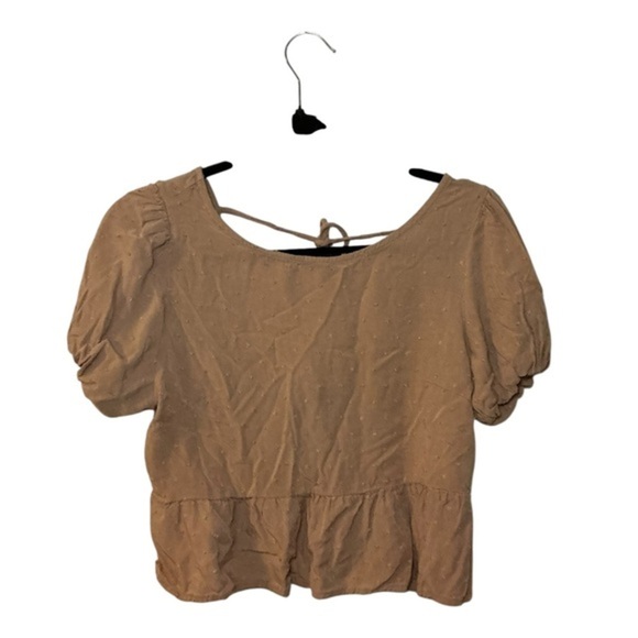 Tan textured Blouse with Short Sleeves and Tie Front - Picture 1 of 5